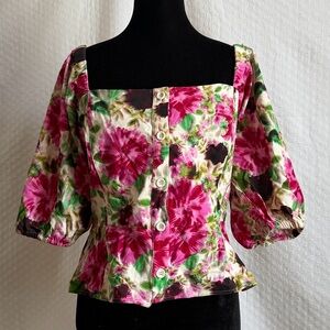 NWT BCBGMAXAZRIA Women's Fitted 3/4 Poof Sleeve Floral Front Button Peplum Top